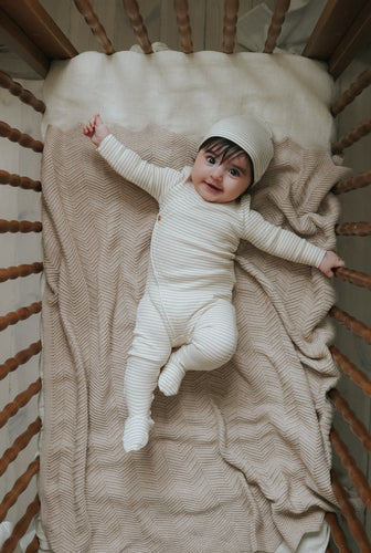 Mema Knits Striped Side Button Footie + Beanie - Cream/Powder Blue