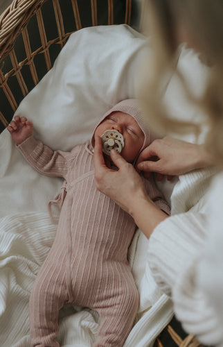 Mema Knits Mock Wrap Footie + Bonnet - Pink Tint