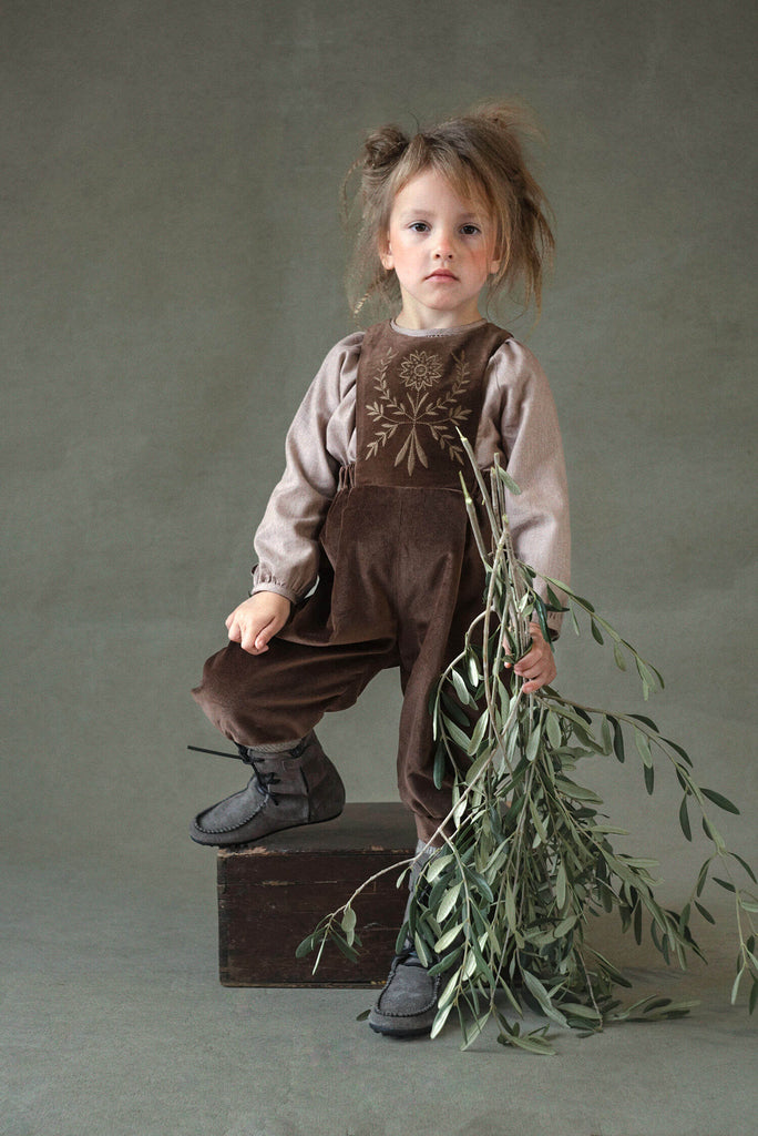 Popelin Brown Velvet Dungaree With Embroidered Bib (100.2)