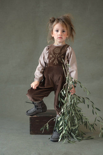 Popelin Brown Velvet Dungaree With Embroidered Bib (100.2)