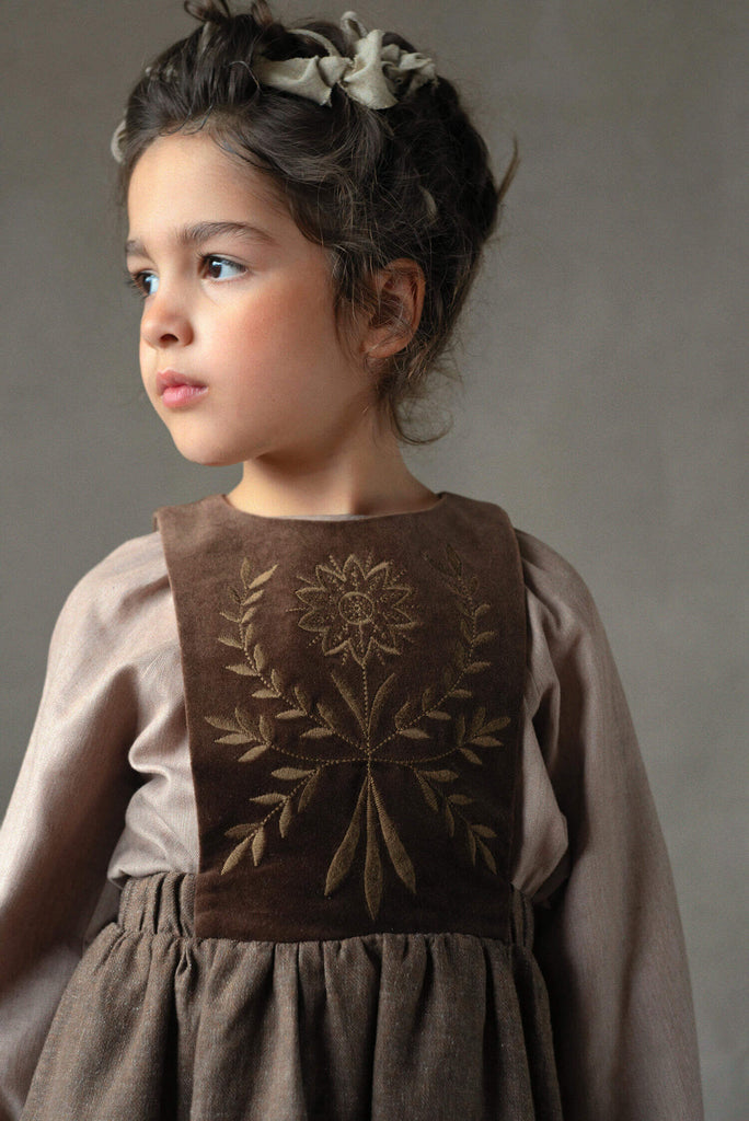 Popelin Brown Short Dress With Embroidered Bib (101.2)