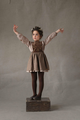 Popelin Brown Short Dress With Embroidered Bib (101.2)