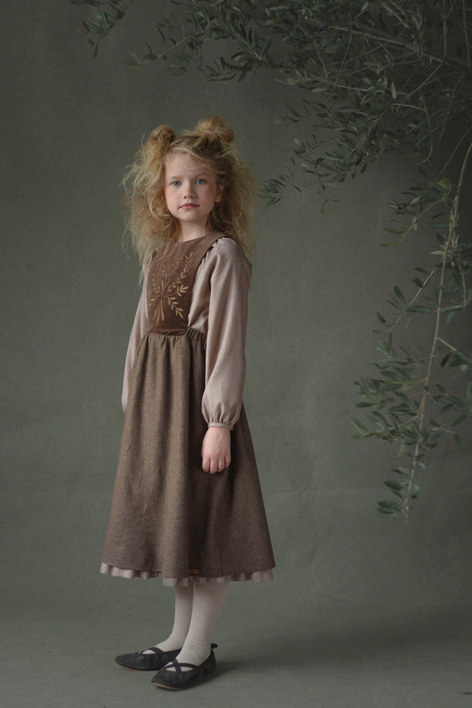 Popelin Brown Midi Dress With Embroidered Bib (102.2)