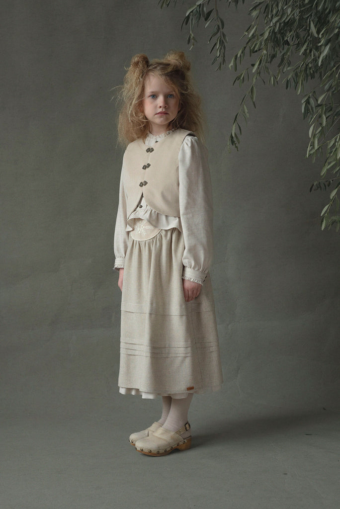 Popelin Beige Velvet Vest And Midi Skirt With Tucks And Embroidered Yoke (104.1 / 106.1)
