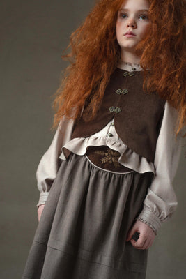 Popelin Brown Velvet Vest And Midi Skirt With Tucks And Embroidered Yoke (104.2 / 106.2)