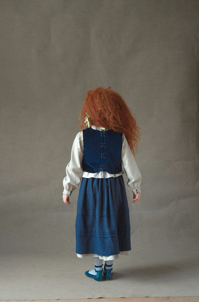 Popelin Navy Blue Velvet Vest And Midi Skirt With Tucks And Embroidered Yoke (104.3 / 106.3)