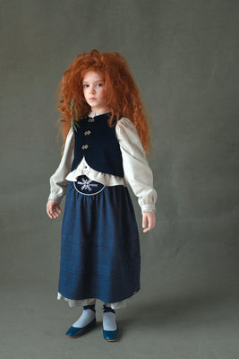 Popelin Navy Blue Velvet Vest And Midi Skirt With Tucks And Embroidered Yoke (104.3 / 106.3)