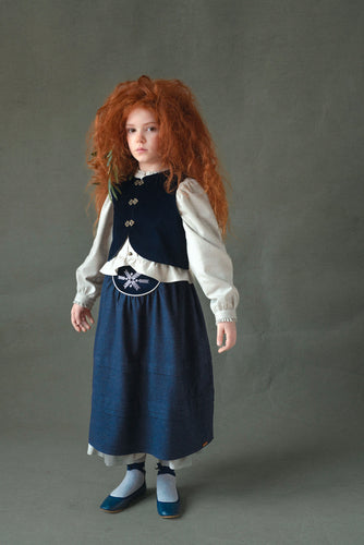 Popelin Navy Blue Velvet Vest And Midi Skirt With Tucks And Embroidered Yoke (104.3 / 106.3)