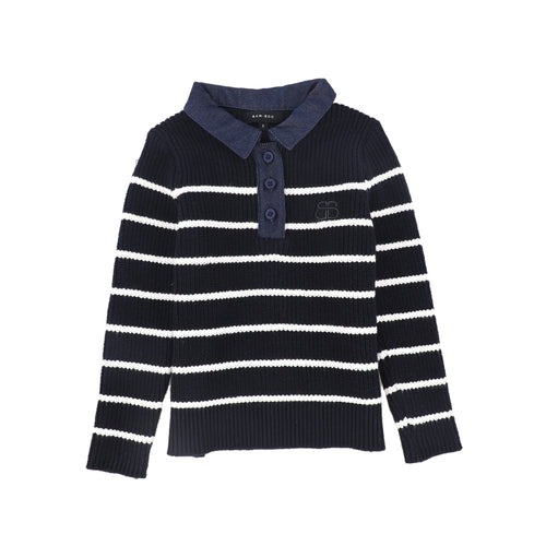 Bamboo Stripe Knit Denim Collar Polo - Navy