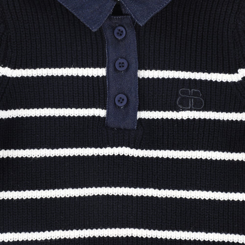 Bamboo Stripe Knit Denim Collar Polo - Navy