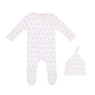 Mini Label Boys Nautical Print Footie And Hat - White