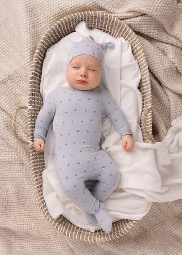 Mini Label Boys Nautical Print Footie And Hat - Sea Blue