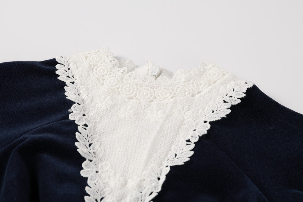 NouNelle Navy Corduroy Lace Romper