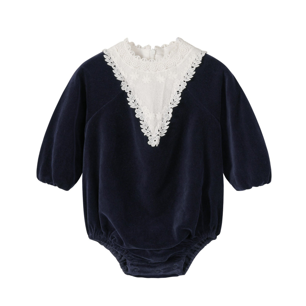 NouNelle Navy Corduroy Lace Romper