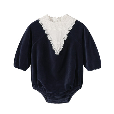 NouNelle Navy Corduroy Lace Romper