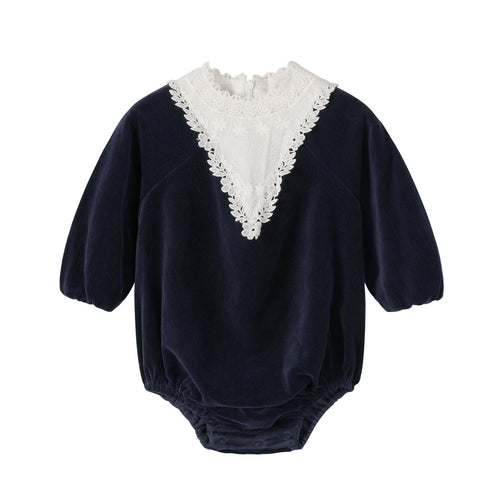 NouNelle Navy Corduroy Lace Romper