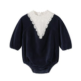 NouNelle Navy Corduroy Lace Romper