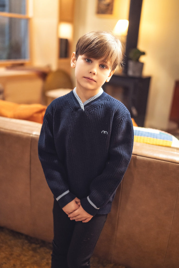 Numu Boys Stripe V-Neck Sweater - Navy