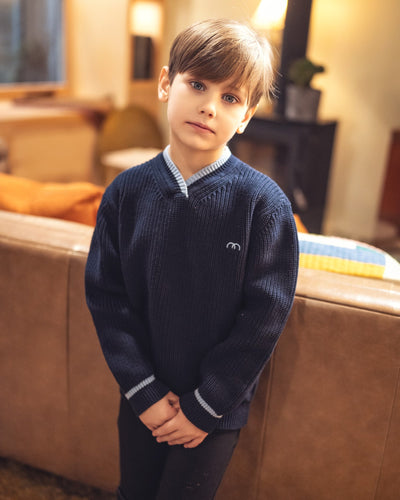 Numu Boys Stripe V-Neck Sweater - Navy