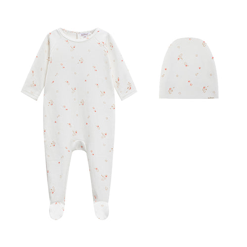 Oubon Floral Footie with Hat - Off White
