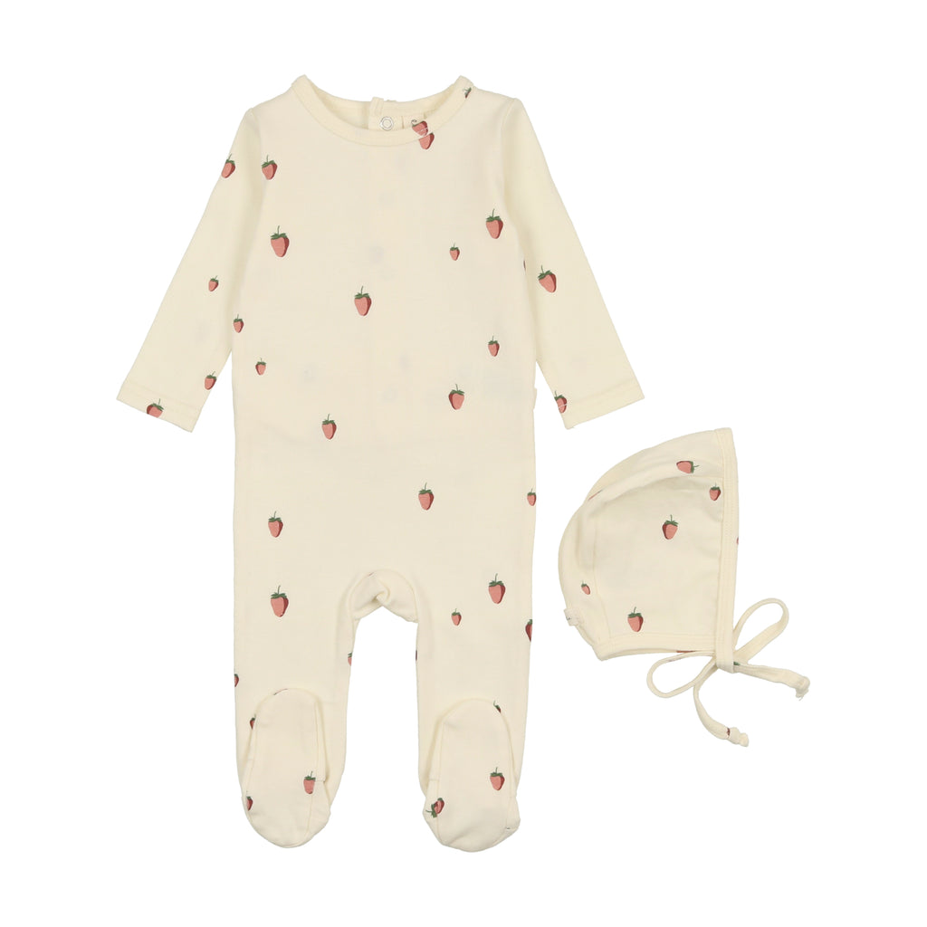 Lil Legs Ivory/Strawberry Printed Fruit Footie & Bonnet