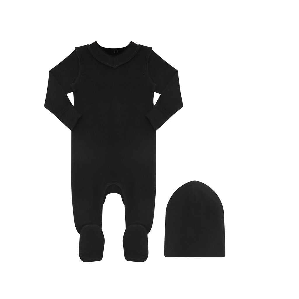 Little Parni V-Neck Footie And Hat  (PJ131) - Black
