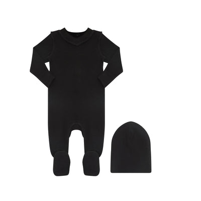 Little Parni V-Neck Footie And Hat  (PJ131) - Black