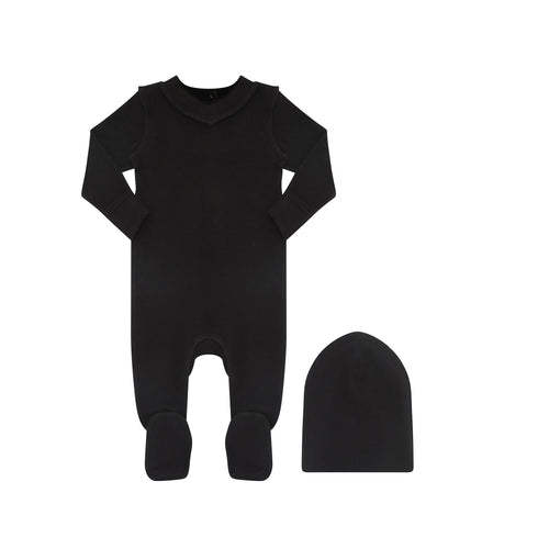 Little Parni V-Neck Footie And Hat  (PJ131) - Black