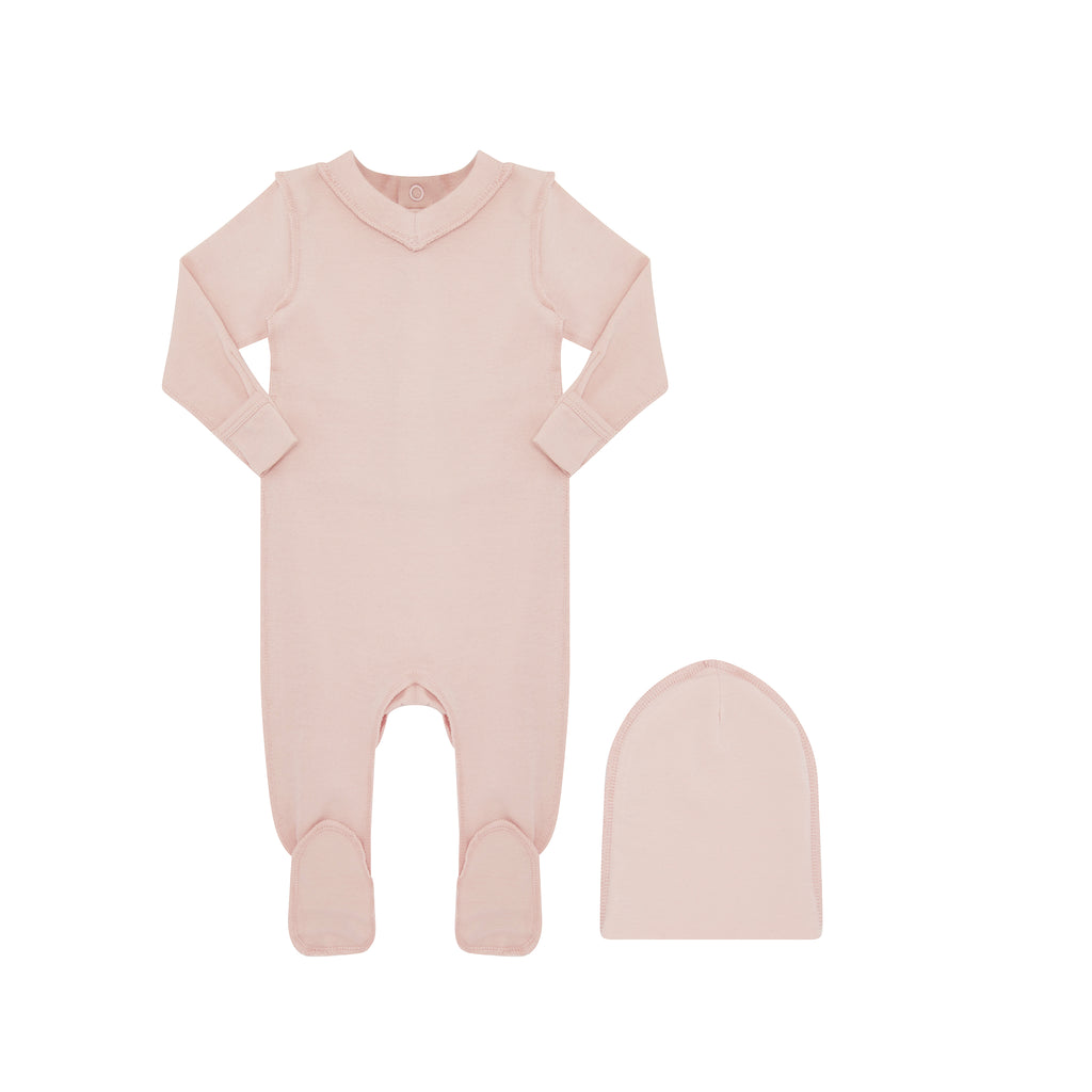 Little Parni V-Neck Footie And Hat  (PJ131) - Pink