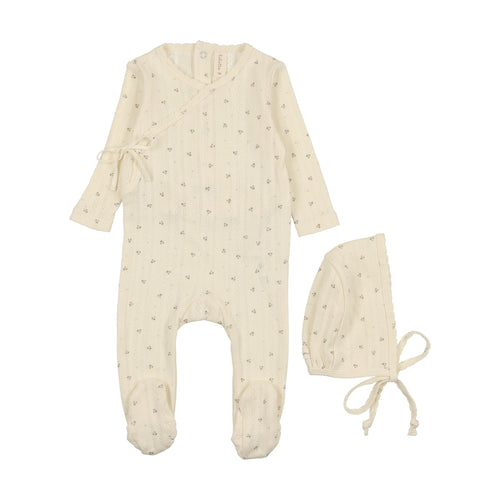 Lilette Printed Pointelle Wrap Footie & Bonnet - Milk/Taupe