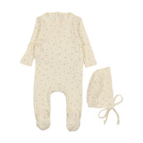 Lilette Printed Pointelle Wrap Footie & Bonnet - Milk/Taupe