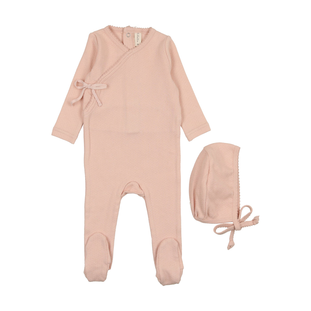 Lilette Pinpoint Wrapover Footie & Bonnet - Peach