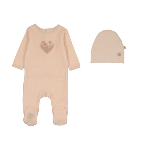 Mon Tresor Petal Heart Footie & Hat Set - Barely Pink