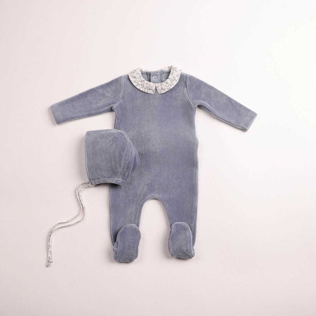 Bee & Dee Petites Fleurs Velour Footie And Bonnet - Blue Haze
