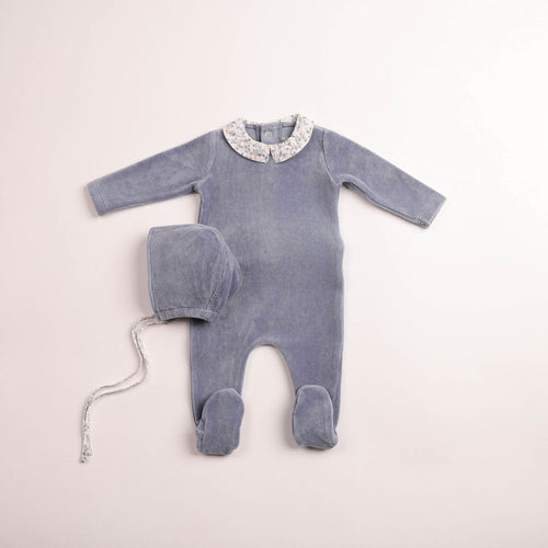 Bee & Dee Petites Fleurs Velour Footie And Bonnet - Blue Haze