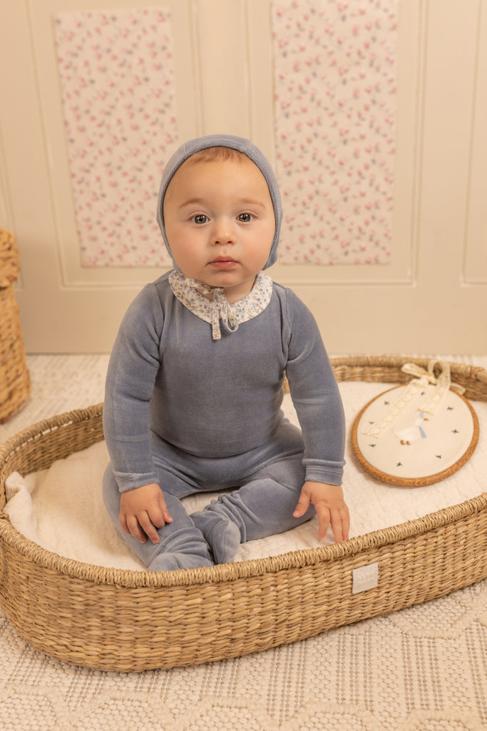 Bee & Dee Petites Fleurs Velour Footie And Bonnet - Blue Haze