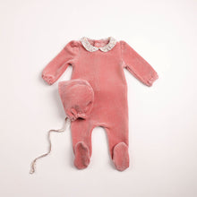 Load image into Gallery viewer, Bee &amp; Dee Petit Fleurs Velour Footie And Bonnet