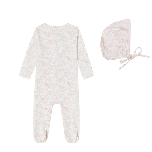 Mini Label Pink Toile Butterfly Footie And Bonnet