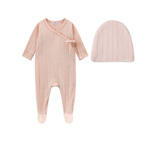 Oubon Pointelle Footie with Hat - Pink