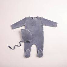 Load image into Gallery viewer, Bee &amp; Dee Plaquette Velour Footie And Bonnet - Nightshadow Blue