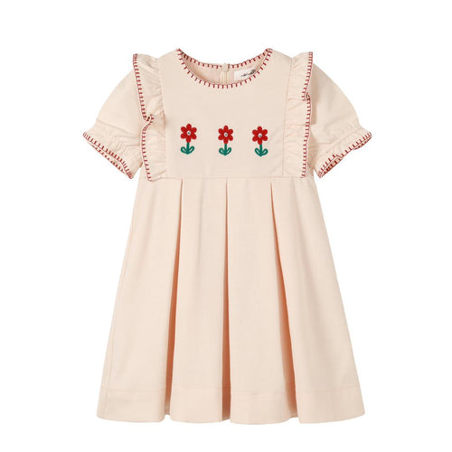 Nou Nelle Pleated Peach Embroidered Dress (Short Sleeve)