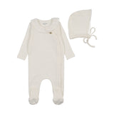 Bee & Dee Pleated Collar Footie And Bonnet - Chalk White