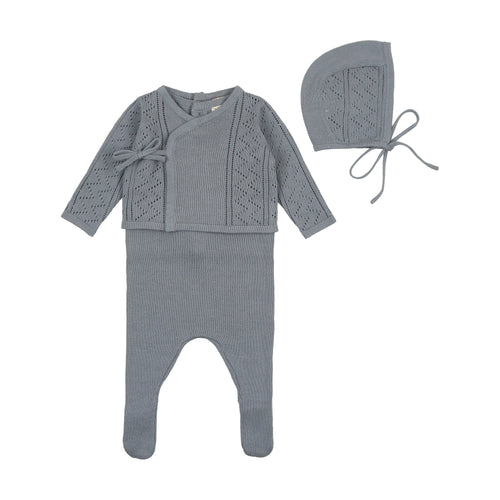 Bee & Dee Pointelle Wrap Romper & Bonnet - Antique Blue