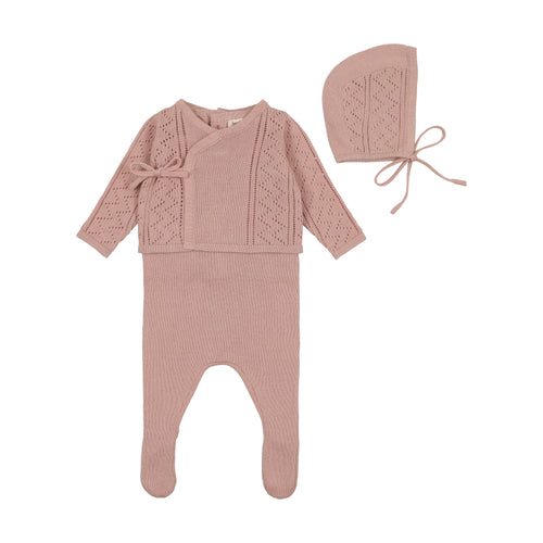 Bee & Dee  Pointelle Wrap Romper & Bonnet - Tea Rose