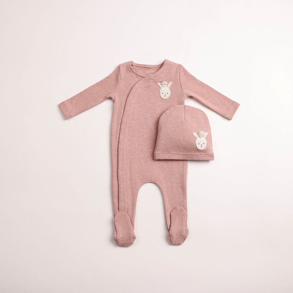 Bee & Dee Pompom Bunny Wrap Footie And Beanie - Pink Heather