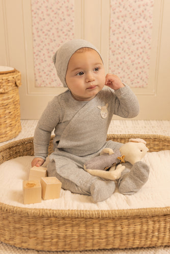Bee & Dee Pompom Bunny Wrap Footie And Beanie - Grey Heather