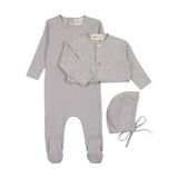 Mema Pointelle Footie Slub Cardigan & Beanie - Light Blue