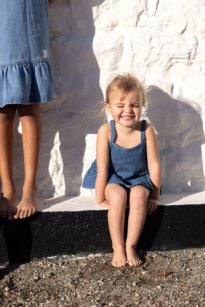 Retro Kid Hollis Baby Girl Ruffle Tank + Bloomers Set - Blue Denim