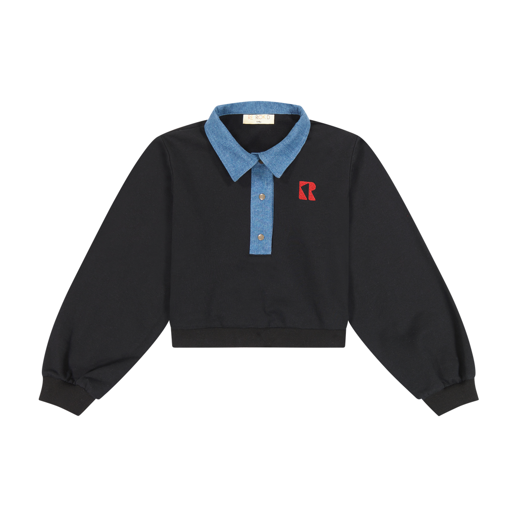 Retro Kid Remy Denim Collar Crop Sweatshirt - Black/Red
