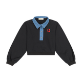 Retro Kid Remy Denim Collar Crop Sweatshirt - Black/Red